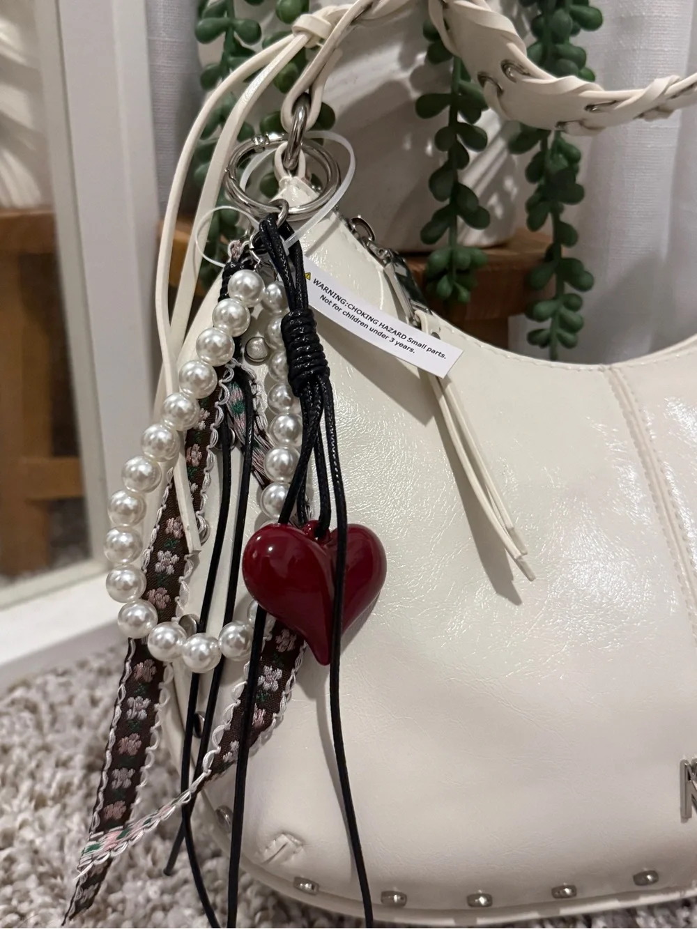 Madden NYC White Studded Hobo Shoulder Bag with Charm